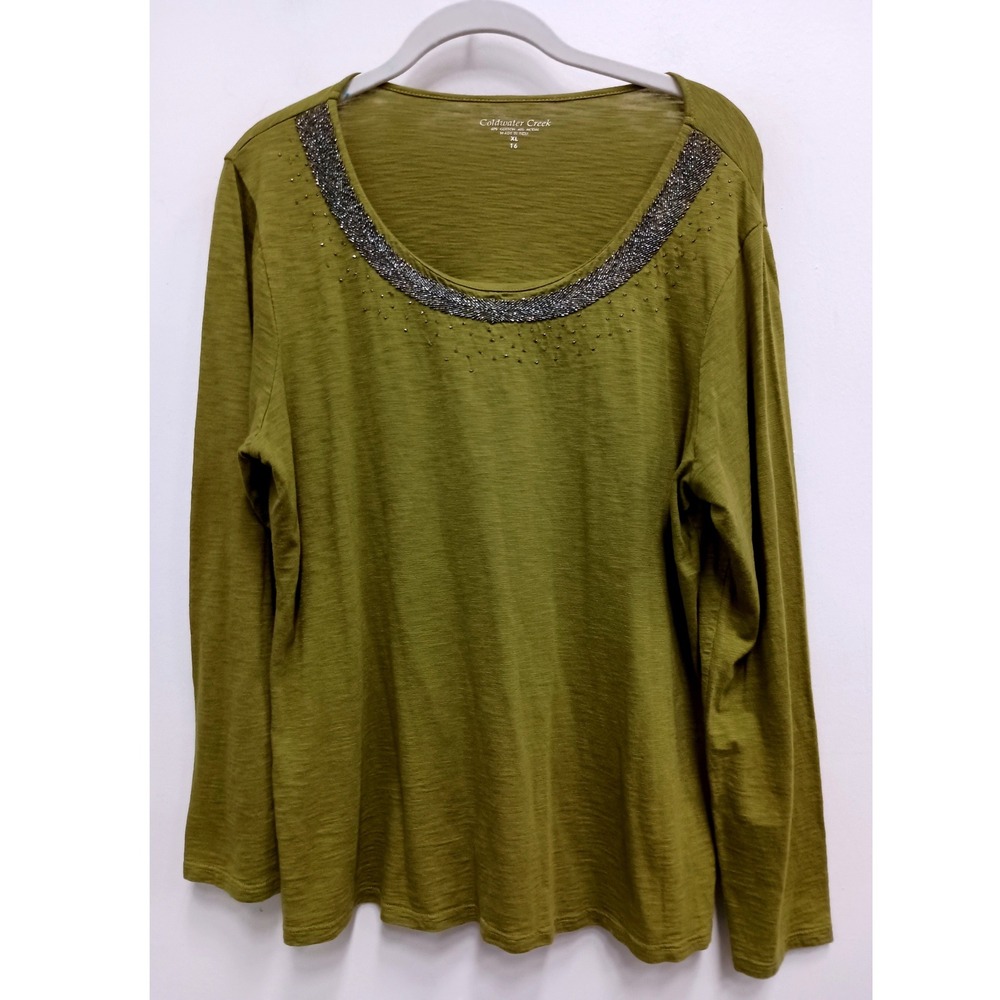 Coldwater Creek Top Womens XL Olive Green Beaded Slub Knit Long Sleeve Casual